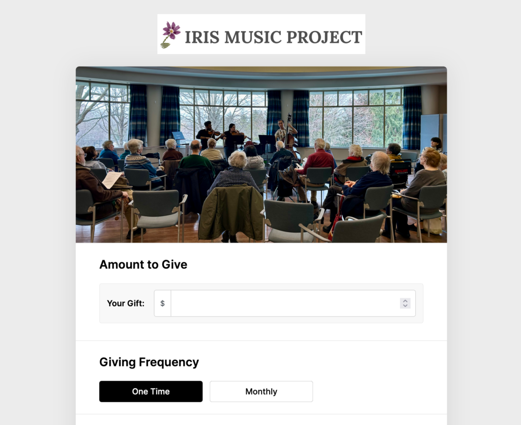 preview of Iris Music Project giving page on Donor Dock platform